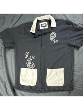 Malibu Mens Size M Linen Short Sleeve Paisley Button Up Shirt Black Beige Pocket